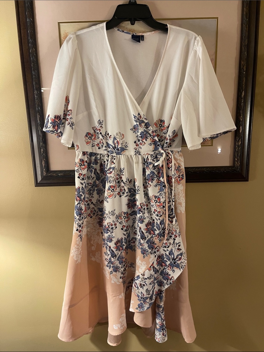 Kaari Blue White Wrap Dress with Peach and Navy Floral Print size large